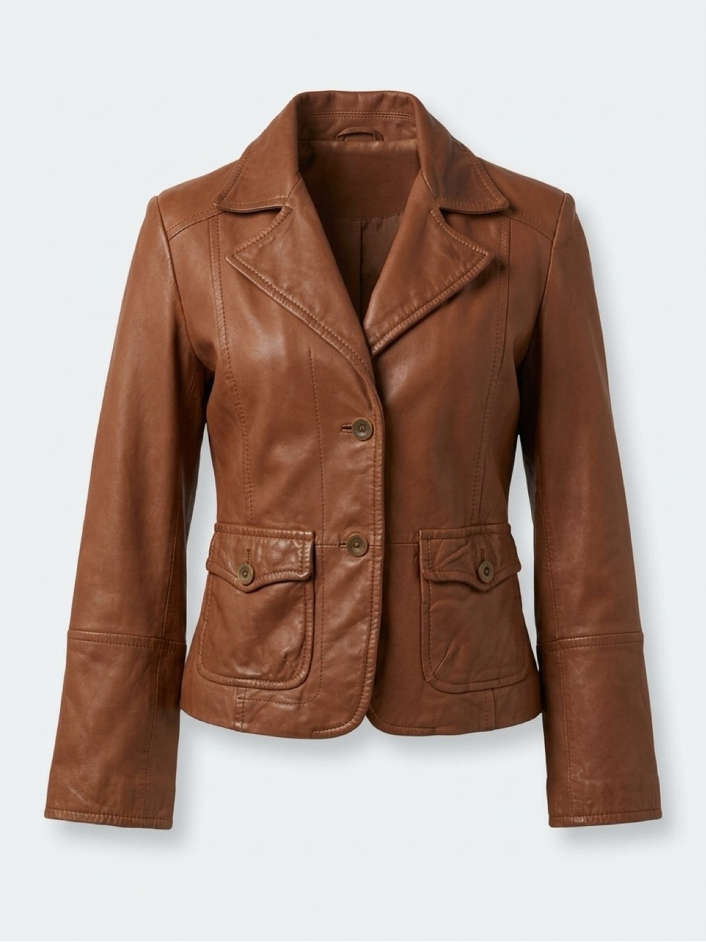 Women's Brown Leather Button-Front Jacket